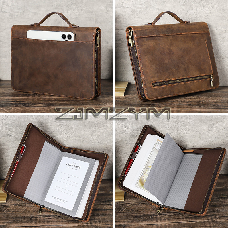 Stationery Supply Business - Retro-Leder-Notizbuchhülle, handgefertigt, mit Reißverschluss, tragbare Lederhülle,